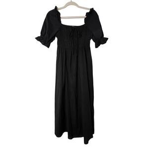 Playa Lucila Black Puff Sleeve Cotton Midi Dress Sz S